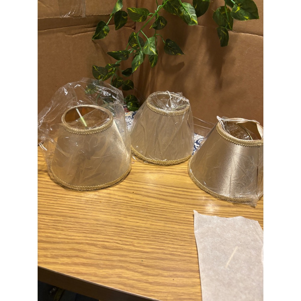 Set of 3 Champagne Gold Clip On Chandelier Lamp Shades Bell Scalloped Trimmed
